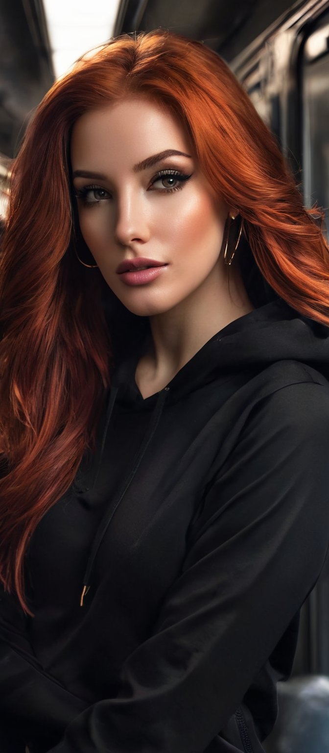 Generate hyper realistic image of a woman with flowing red hair with black strands that cascades down her back. She is loo...