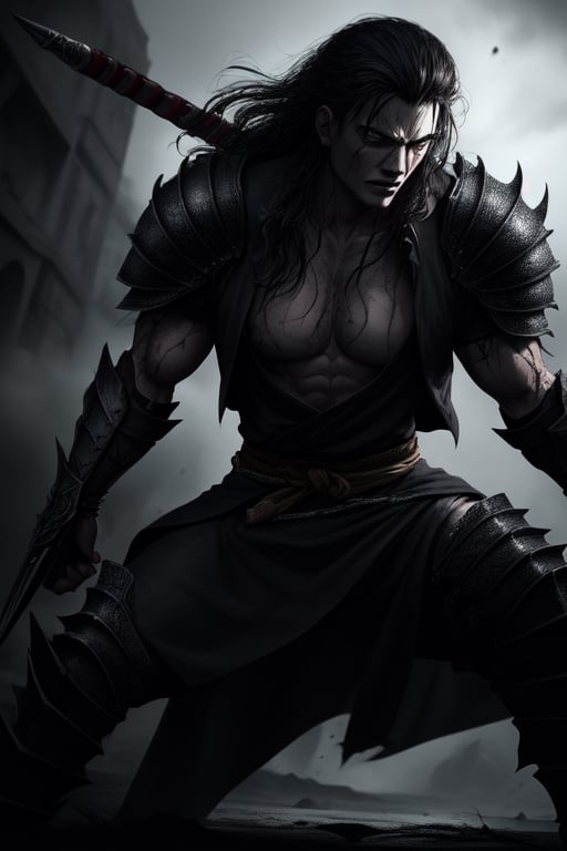 Craft a compelling video game wallpaper inspired by the Berserk and Vagabond manga style,  capturing its dark and gritty a...