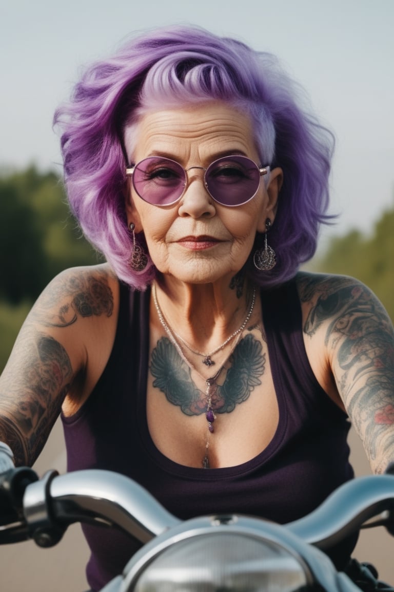 Granny with purple hair and tattoos riding in her motorcycle,  poster,  cinematic by Psico406 on Tensor.Art