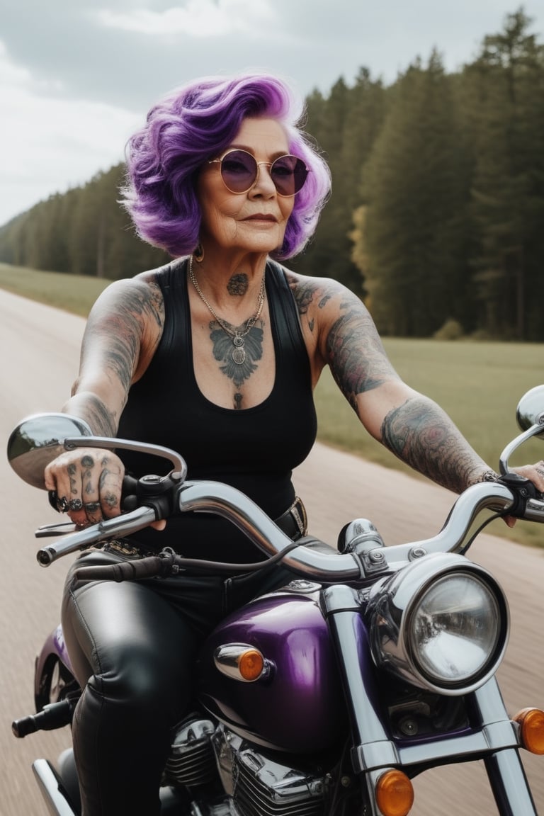 Granny with purple hair and tattoos riding in her motorcycle,  poster,  cinematic by Psico406 on Tensor.Art