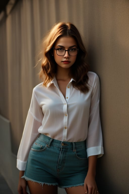 High-definition, full-body photograph of a beautiful girl featuring stylish eyeglasses, studio photography agains a wall. The image should depict a girl as a compelling character in a story yet to unfold.,,perfecteyes eyes,photo of perfecteyes eyes,