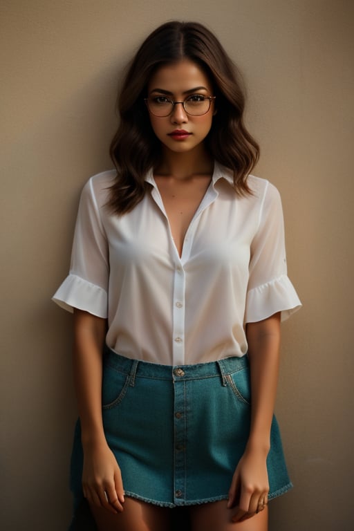 High-definition, full-body photograph of a beautiful girl featuring stylish eyeglasses, studio photography agains a wall. The image should depict a girl as a compelling character in a story yet to unfold.,,perfecteyes eyes,photo of perfecteyes eyes,