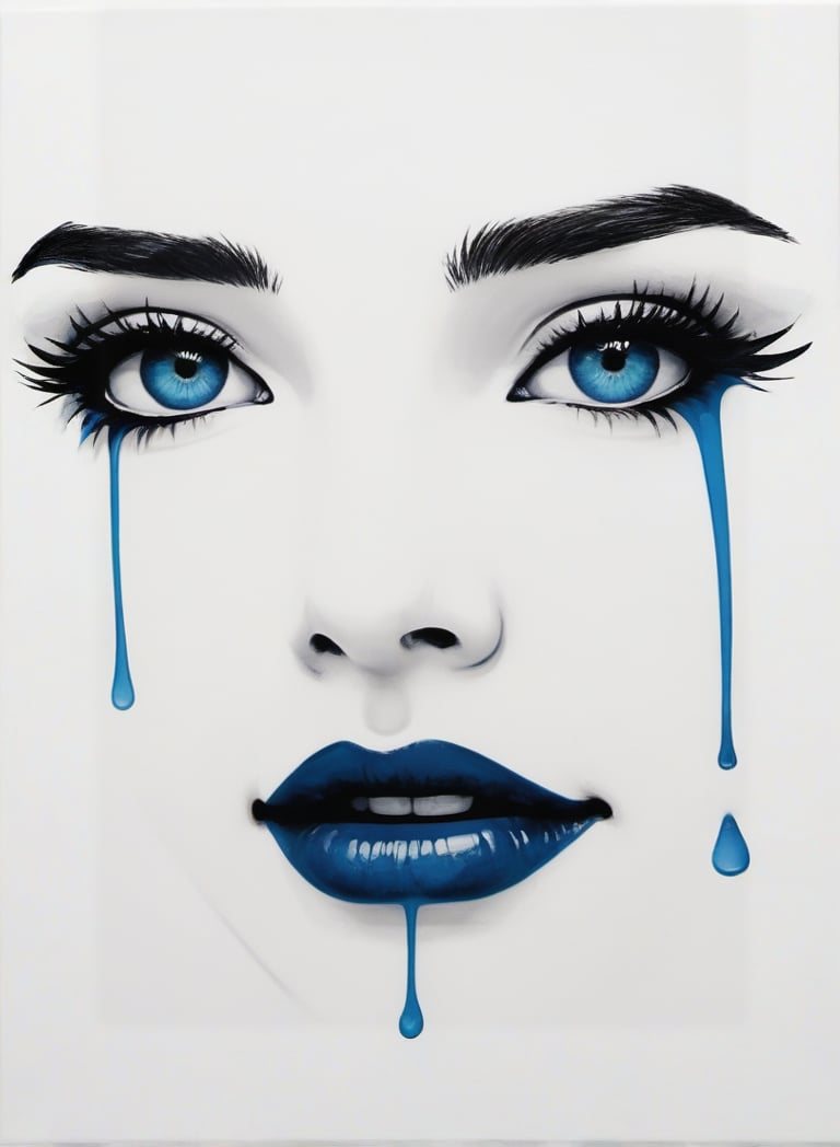 (A simple and elegant portrait depicting the silhouette of a woman crying blue tears on a pure white canvas.The outline uses only black and has a minimalist approach with only clean lines to convey deep feelings of sadness and melancholy. express), Detailed Textures, high quality, high resolution, high Accuracy, realism, color correction, Proper lighting settings, harmonious composition, Behance works,ct-niji2,xxmix_girl,goth person