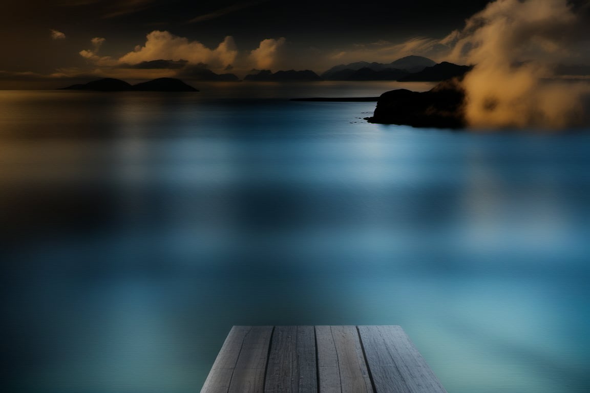 Captured at eye-level on a cloudy day, a view of a body of water with a mountain range in the distance. The sky is a deep blue, with a few wispy clouds in the air, adding a touch of color to the scene. On the left side of the image, a wooden pier with a white railing and a wooden deck.