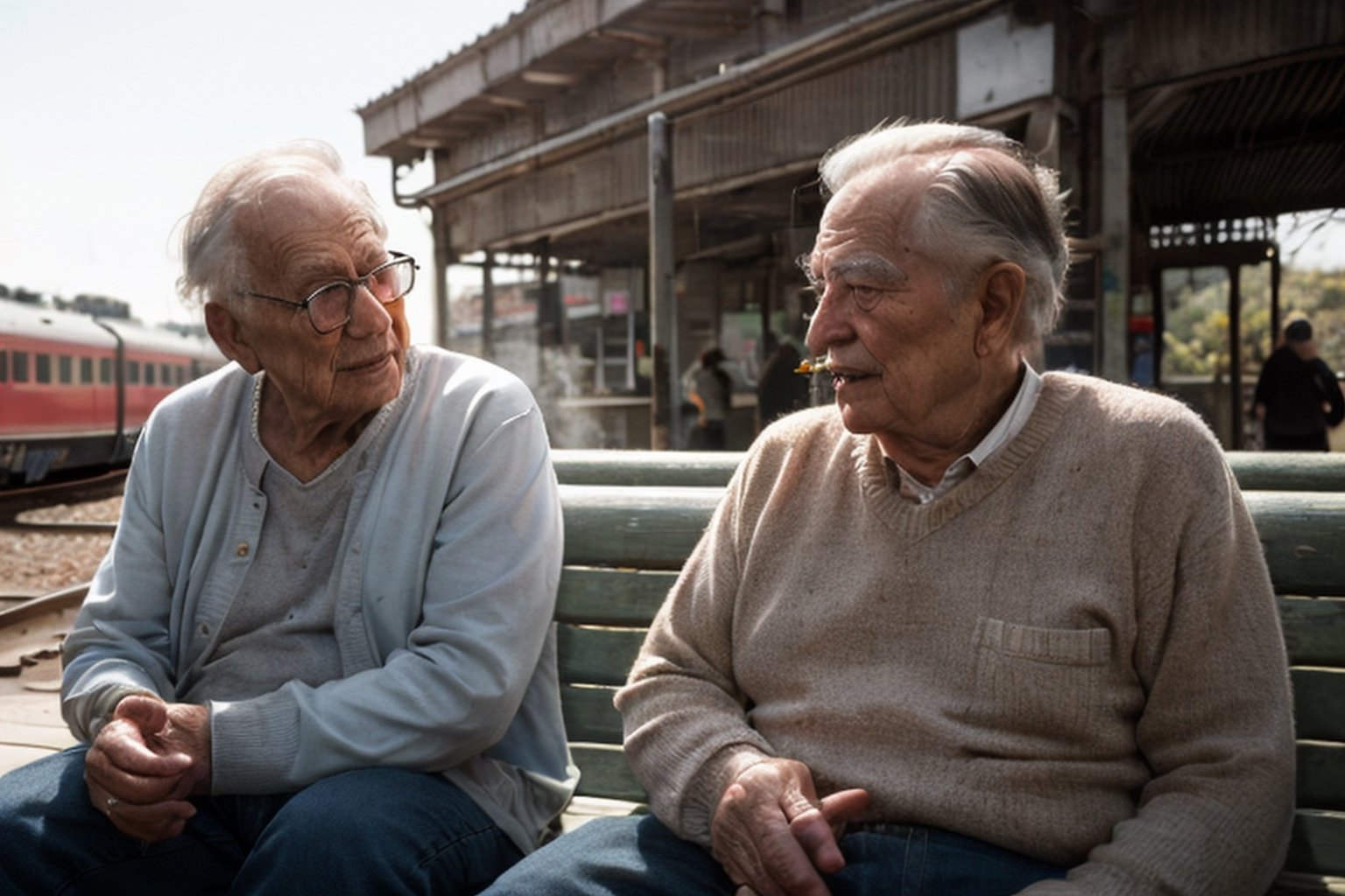 Elderly men face detailed, weathered faces, cigarettes in hand, share tales at a railway station bench. Nostalgic aura, distant train echoes, fading sunlight. Convey camaraderie, intertwining smoke, enduring friendship in art,8k render