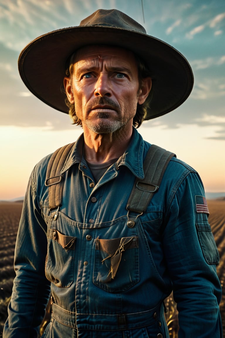 A grainy, 8K cinematic shot frames the desolate farm landscape as a menacing spaceship descends from the darkening sky. The farmer, dressed in worn overalls and a weathered hat, stands defiantly amidst the rustling crops, his eyes fixed on the extraterrestrial threat hovering above. Harsh, golden light casts long shadows across the parched earth as the aliens' cold, calculating gaze pierces through the dust.