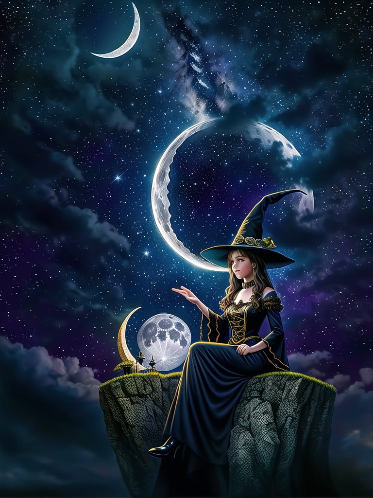 (masterpiece, top quality, best quality, official art, beautiful and aesthetic:1.2), (1girl:1.4), extreme detailed, a witch sitting on a crescent moon through a starry night, captured in the detailed gouache style of Hieronymous Bosch and Klimt,art_booster