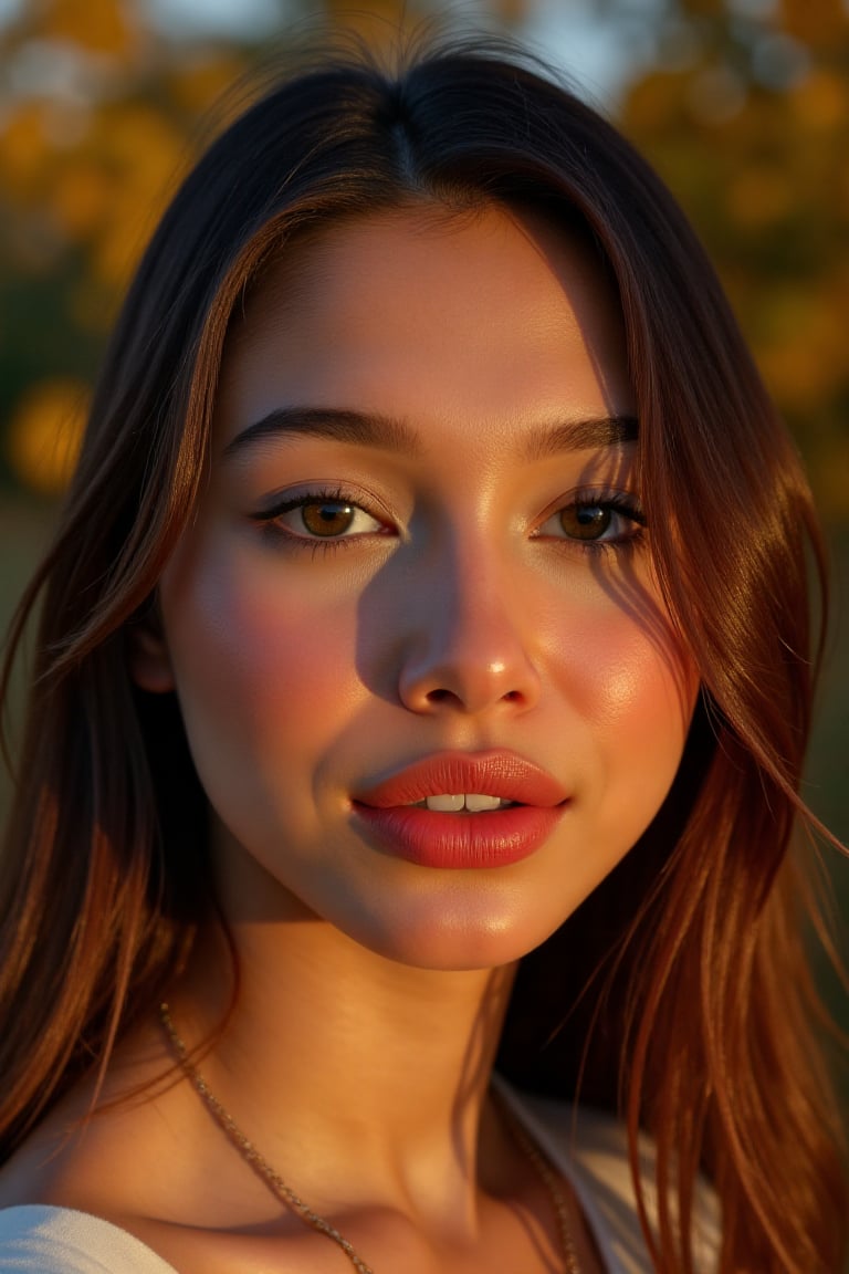 Beautiful soft light, (beautiful and delicate eyes), very detailed, pale skin, (long hair), dreamy, ((front shot)), soft expression, bright smile, art photography, fantasy, jewelry, shyness, soft image, masterpiece , ultra-high resolution, color, very delicate and soft lighting, details, Ultra HD, 8k, highest quality, silhouette of a woman in the fallen leaves, dual screen,