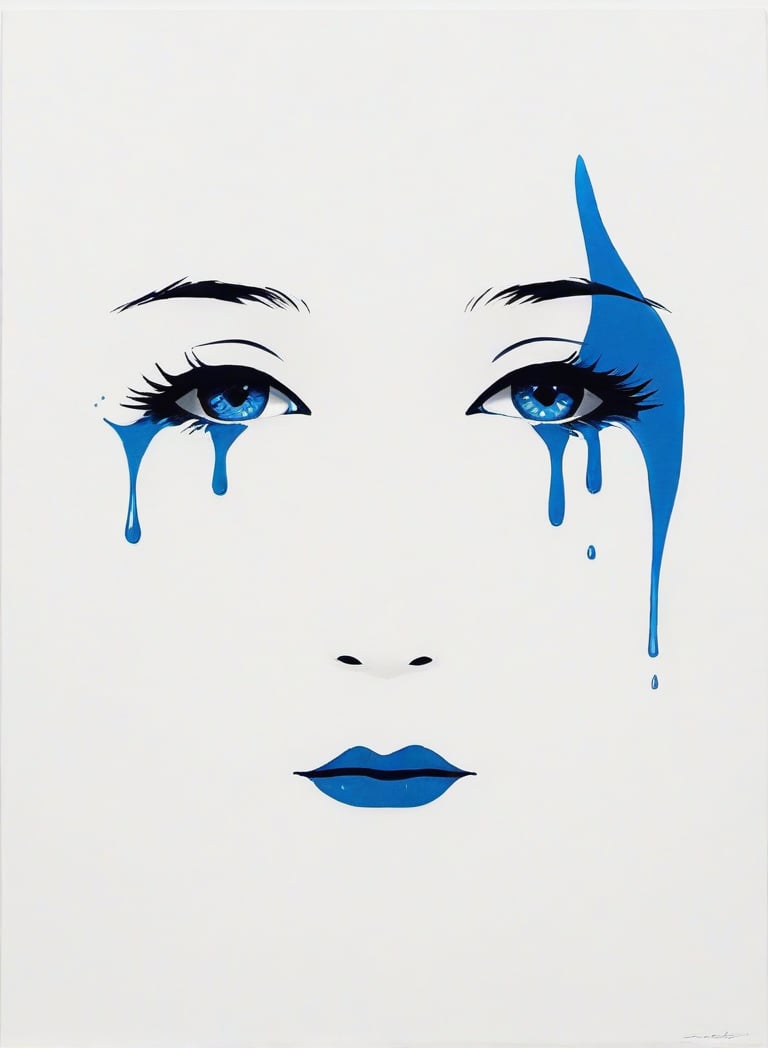 (A simple and elegant portrait depicting the silhouette of a woman crying blue tears on a pure white canvas.The outline uses only black and has a minimalist approach with only clean lines to convey deep feelings of sadness and melancholy. express), Detailed Textures, high quality, high resolution, high Accuracy, realism, color correction, Proper lighting settings, harmonious composition, Behance works,ct-niji2,xxmix_girl,goth person