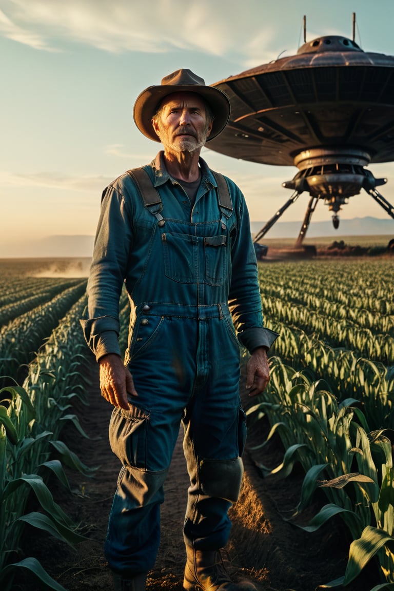 A grainy, 8K cinematic shot frames the desolate farm landscape as a menacing spaceship descends from the darkening sky. The farmer, dressed in worn overalls and a weathered hat, stands defiantly amidst the rustling crops, his eyes fixed on the extraterrestrial threat hovering above. Harsh, golden light casts long shadows across the parched earth as the aliens' cold, calculating gaze pierces through the dust.