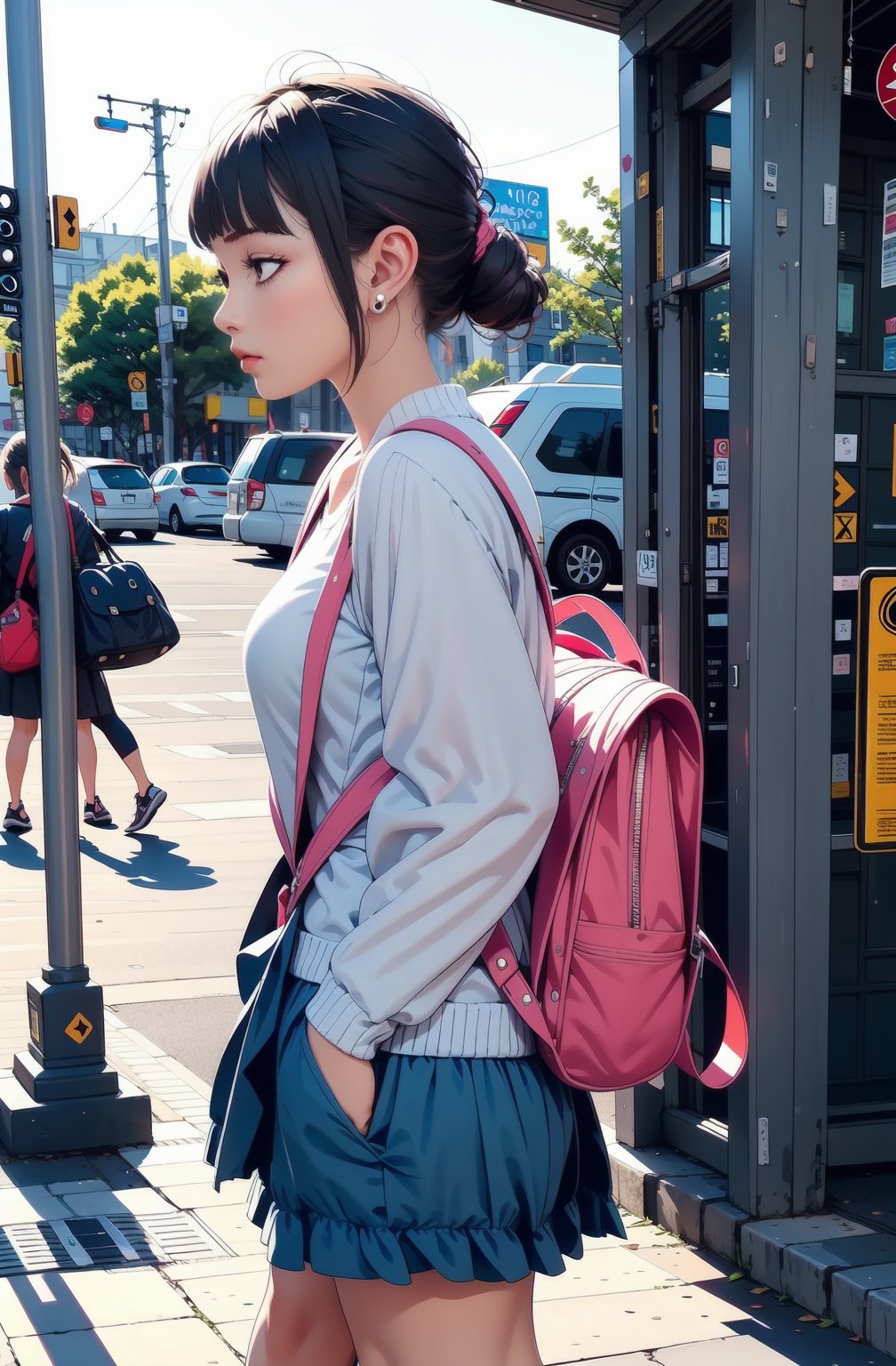 A young girl, dressed in casual attire and carrying a worn backpack, stands alone at a bus stop on a spotless city street. The morning sunlight casts a warm glow on the scene as she gazes out into the distance, lost in thought. The sound of a bus's arrival is imminent, yet she remains still, her expression a masterpiece of introspection, set against the clean and modern urban backdrop.