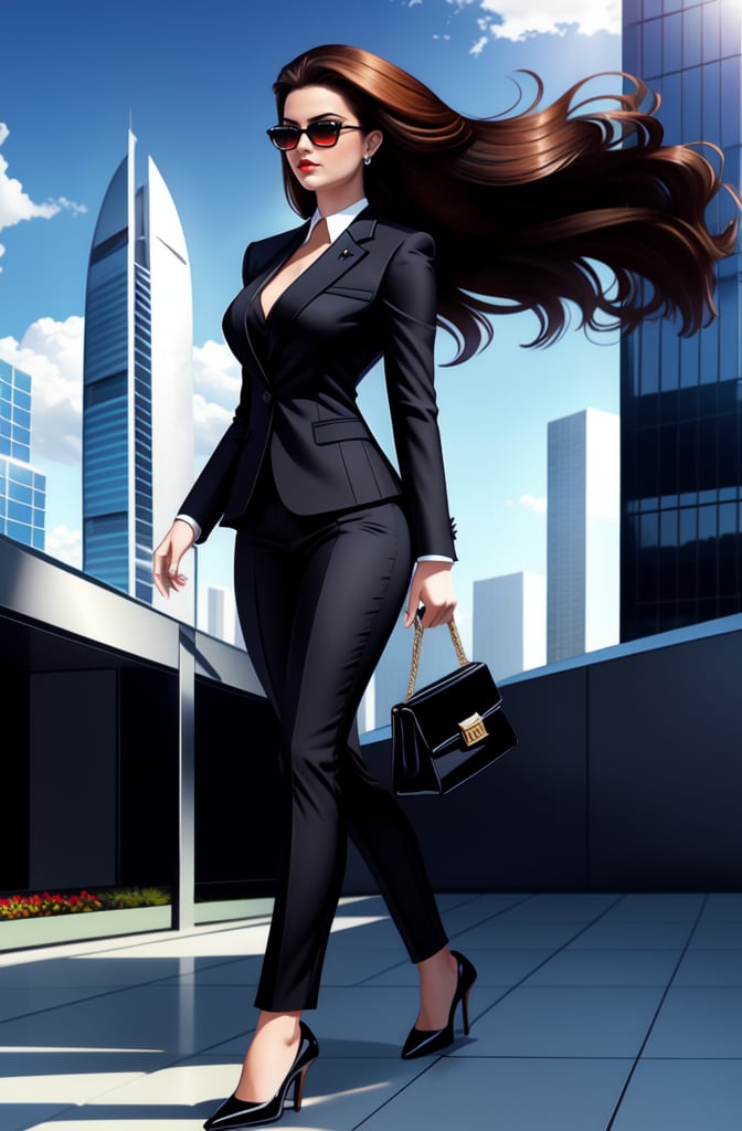 A stunning woman walks confidently down the sidewalk, surrounded by modern architectural marvels. Her long, rich brown hair flows behind her like a waterfall as she gazes directly at the viewer through trendy black sunglasses. A sleek, black business suit accentuates her figure, paired with high heels and a chic handbag. The sun shines brightly on her brown eyes, illuminating her stunning features. In the background, futuristic skyscrapers pierce the sky, a testament to human innovation. She exudes poise and power as she strides forward, masterfully capturing the essence of 8K perfection.