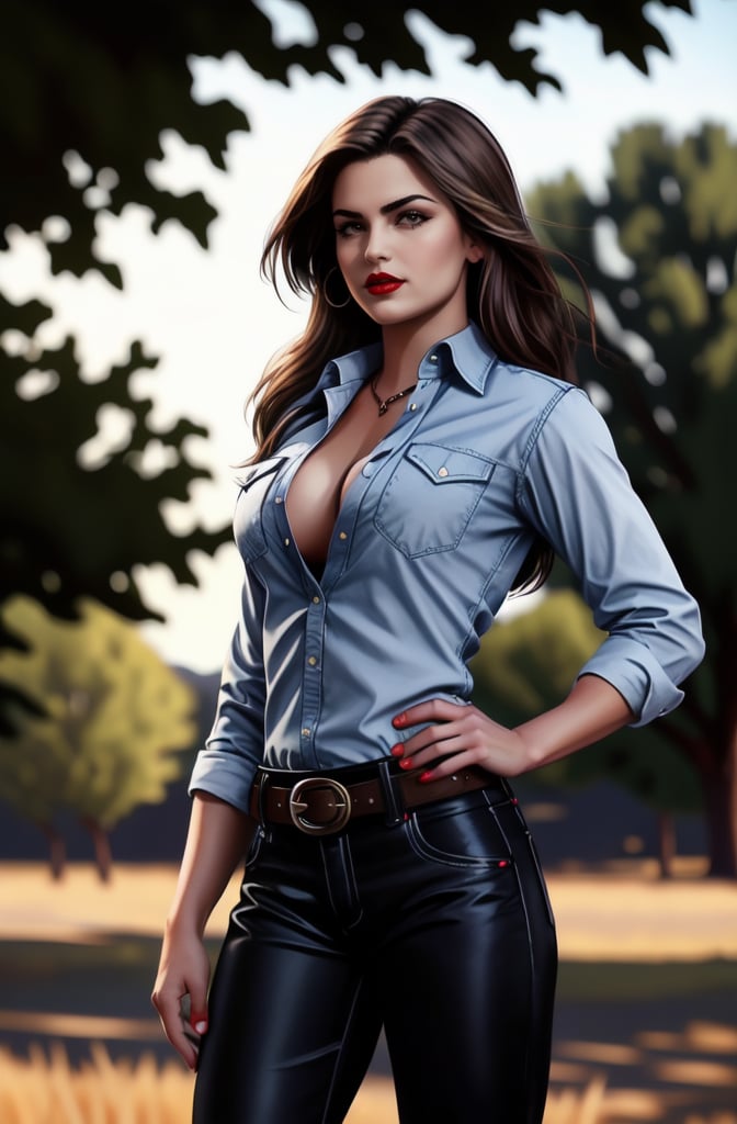 1girl, long hair, breasts, looking at viewer, brown hair, shirt, long sleeves, brown eyes, medium breasts, closed mouth, standing, white shirt, cowboy shot, outdoors, solo focus, day, collared shirt, belt, pants, blurry, lips, blurry background, wavy hair, black pants, black belt, realistic, red lips, shirt tucked in