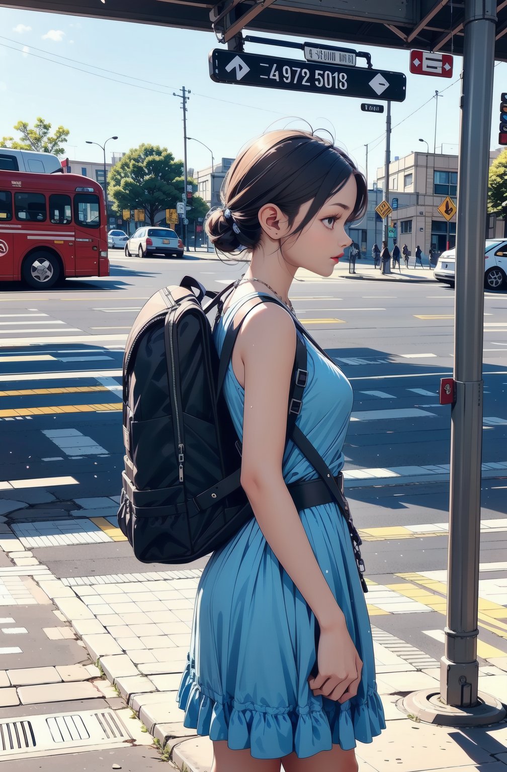 A young girl, dressed in casual attire and carrying a worn backpack, stands alone at a bus stop on a spotless city street. The morning sunlight casts a warm glow on the scene as she gazes out into the distance, lost in thought. The sound of a bus's arrival is imminent, yet she remains still, her expression a masterpiece of introspection, set against the clean and modern urban backdrop.