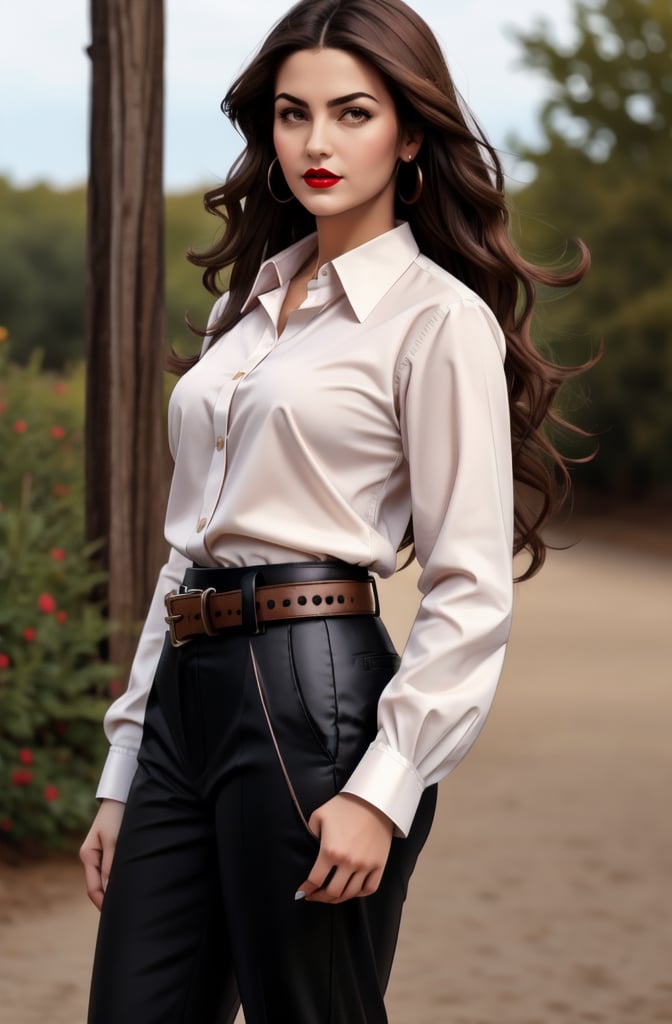 1girl, long hair, breasts, looking at viewer, brown hair, shirt, long sleeves, brown eyes, medium breasts, closed mouth, standing, white shirt, cowboy shot, outdoors, solo focus, day, collared shirt, belt, pants, blurry, lips, blurry background, wavy hair, black pants, black belt, realistic, red lips, shirt tucked in