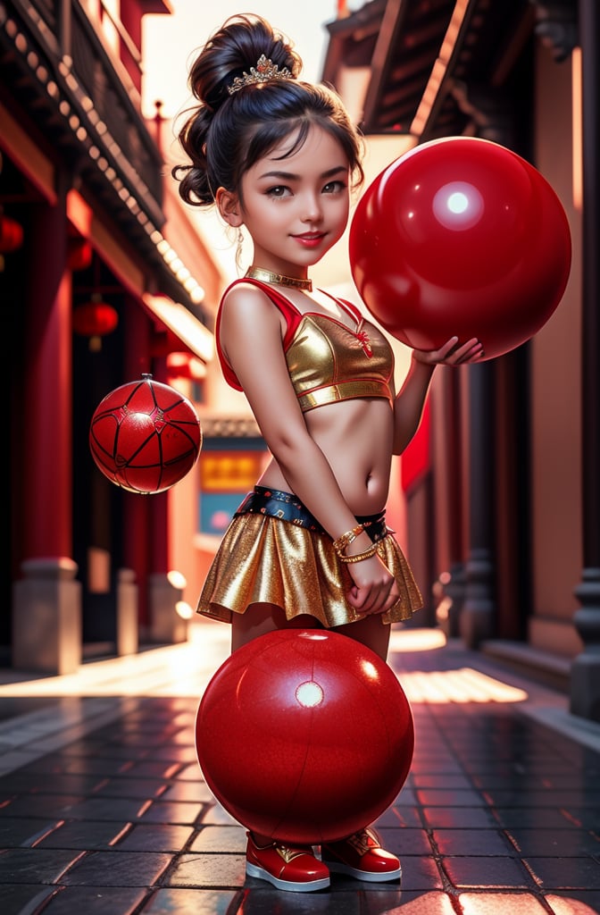 Realistic 16K resolution bullet time photography of 1 girl with exquisitely perfect face, joyful face, wearing fashionable outfit, standing in front of a large red ball in Tainan alley, displaying exaggerated posture and movement, illuminated by film grain, Film photo style, realistic skin, Rough skin, fish-eye lens, dramatic lighting, soft lighting.