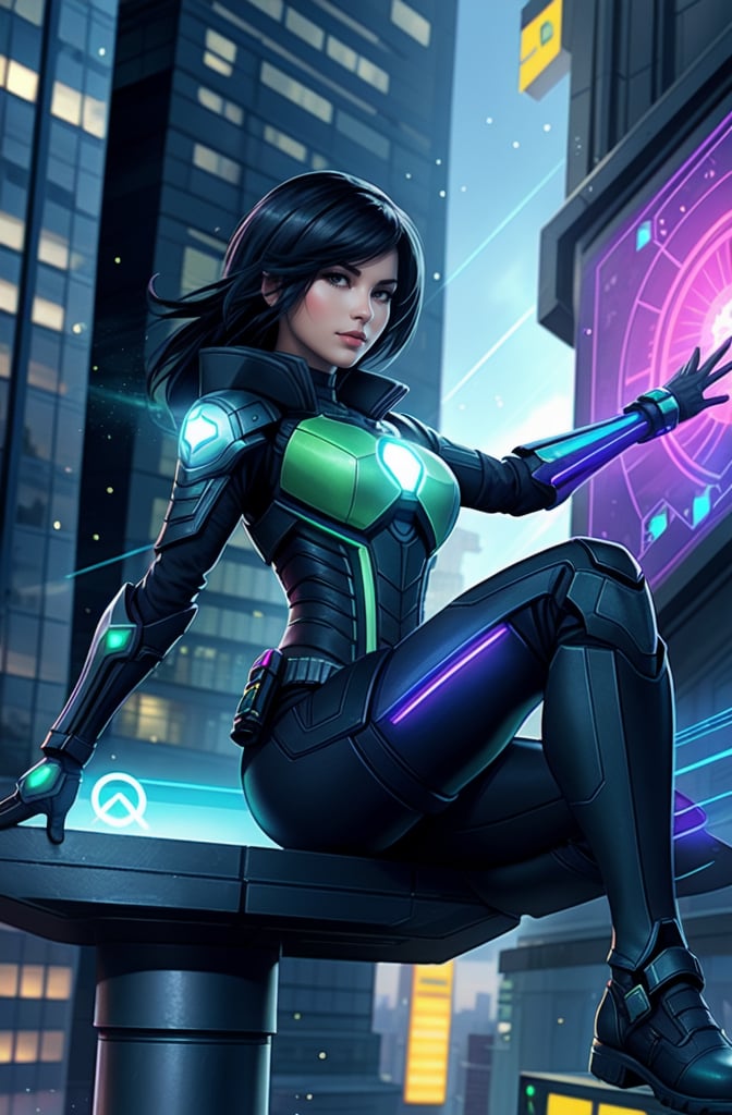 (masterpiece), 1girl, holographic interface, cyberpunk, hacker, medium black hair, green eyes, magic circle, hologram, terminal, holographic computer, light particles, light rays, futuristic setting, Sitting on the edge of a building, 


Her expression a mix of defiance and exhilaration. ,HologramCzar