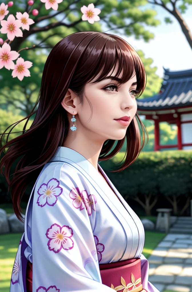 1girl, solo, long hair, looking at viewer, smile, bangs, brown hair, jewelry, closed mouth, earrings, outdoors, japanese clothes, kimono, tree, lips, floral print, yukata