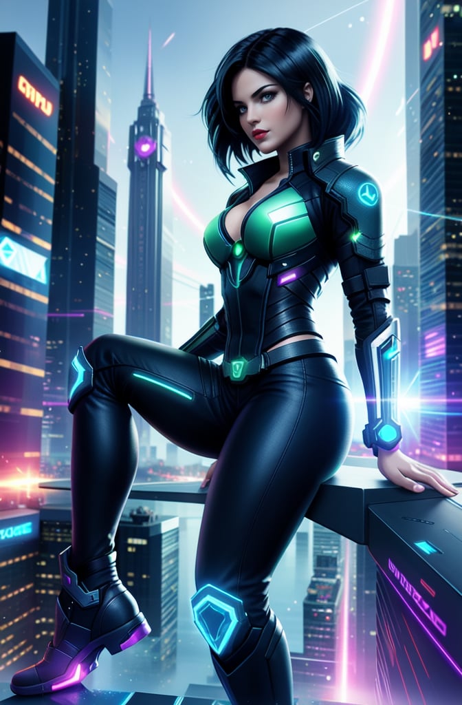 A cyberpunk hacker, her raven-black hair framing her striking green eyes, sits precariously on the edge of a sleek, high-tech building as she manipulates the holographic interface projected before her. A shimmering magic circle encircles her, illuminated by dancing light particles and rays that refract off the futuristic cityscape below. In front of her, a terminal hums to life, surrounded by swirling holographic code. With an air of defiance and exhilaration, she gazes out at the city, her presence a testament to the limitless power of innovation.