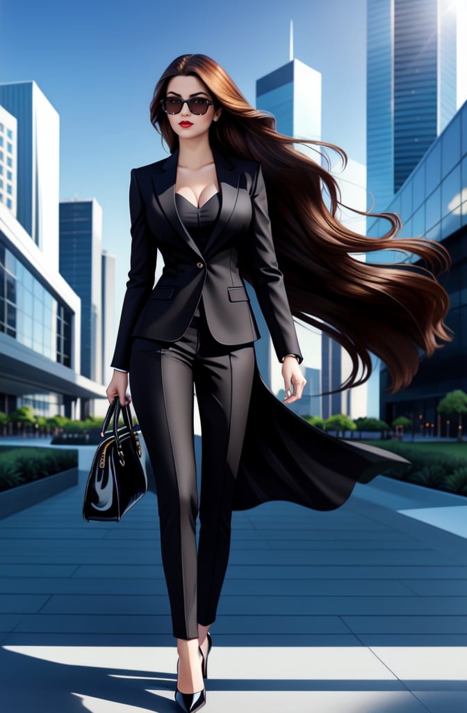 A stunning woman walks confidently down the sidewalk, surrounded by modern architectural marvels. Her long, rich brown hair flows behind her like a waterfall as she gazes directly at the viewer through trendy black sunglasses. A sleek, black business suit accentuates her figure, paired with high heels and a chic handbag. The sun shines brightly on her brown eyes, illuminating her stunning features. In the background, futuristic skyscrapers pierce the sky, a testament to human innovation. She exudes poise and power as she strides forward, masterfully capturing the essence of 8K perfection.