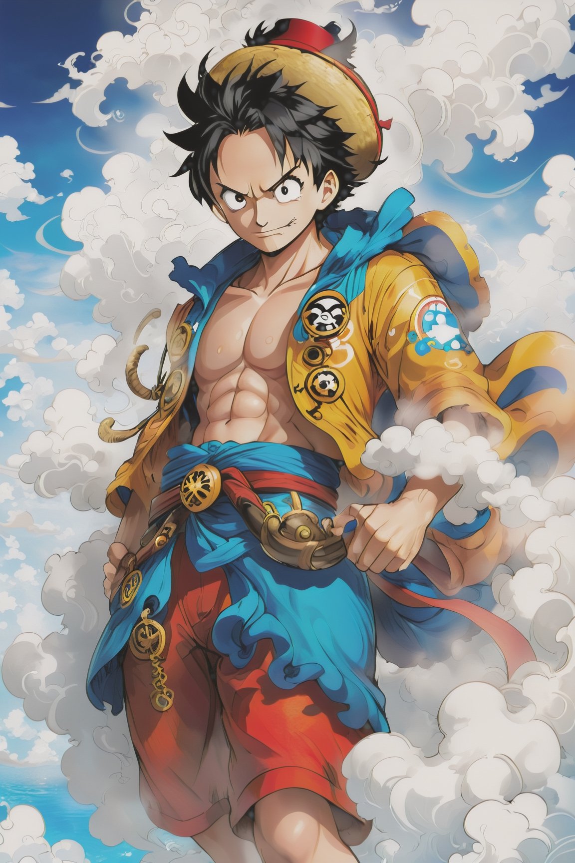 Luffy (one piece),  high resolution,  become Hashira
,mythical clouds,Beautiful Eyes,steampunk style