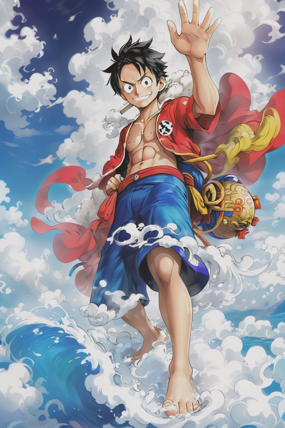 Luffy (one piece),  high resolution,  become Hashira
,mythical clouds,Beautiful Eyes