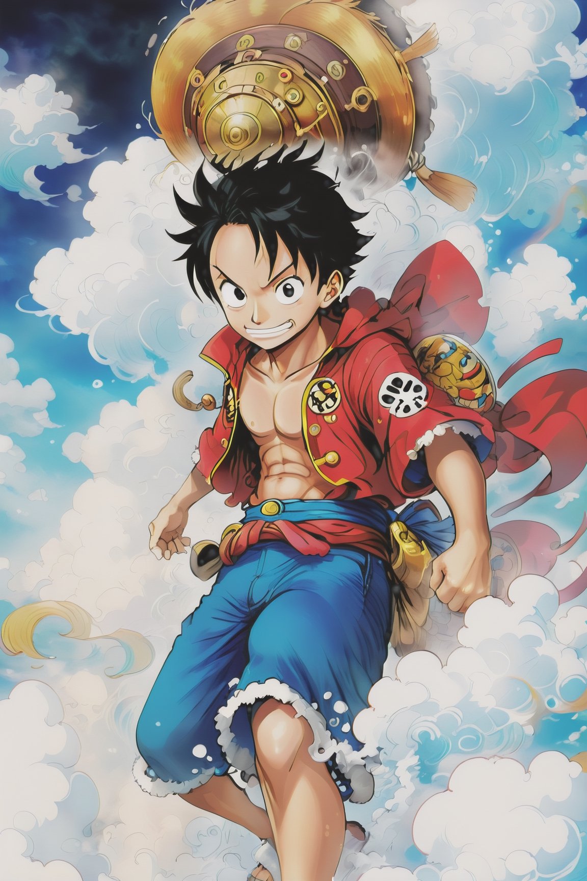 Luffy (one piece),  high resolution,  become Hashira
,mythical clouds,Beautiful Eyes,steampunk style