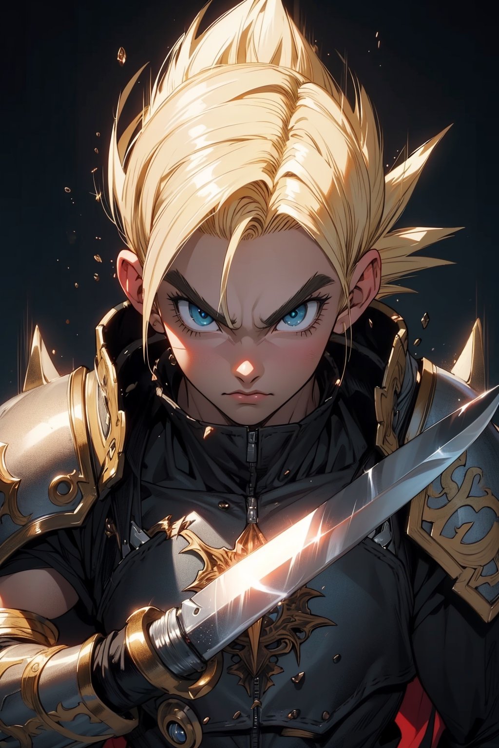 ((masterpiece, best quality)) Dragon ball Z, Black Leather Armor, Dagger, by artist "MAPPA", Anime, Manga, Highly Detailed, Beautiful Composition, Deep Color, Intricate, Sharp, Clear, 16k Resolution, Incredible Lighting, Multilayered Eyes, Sharp Eyebrows