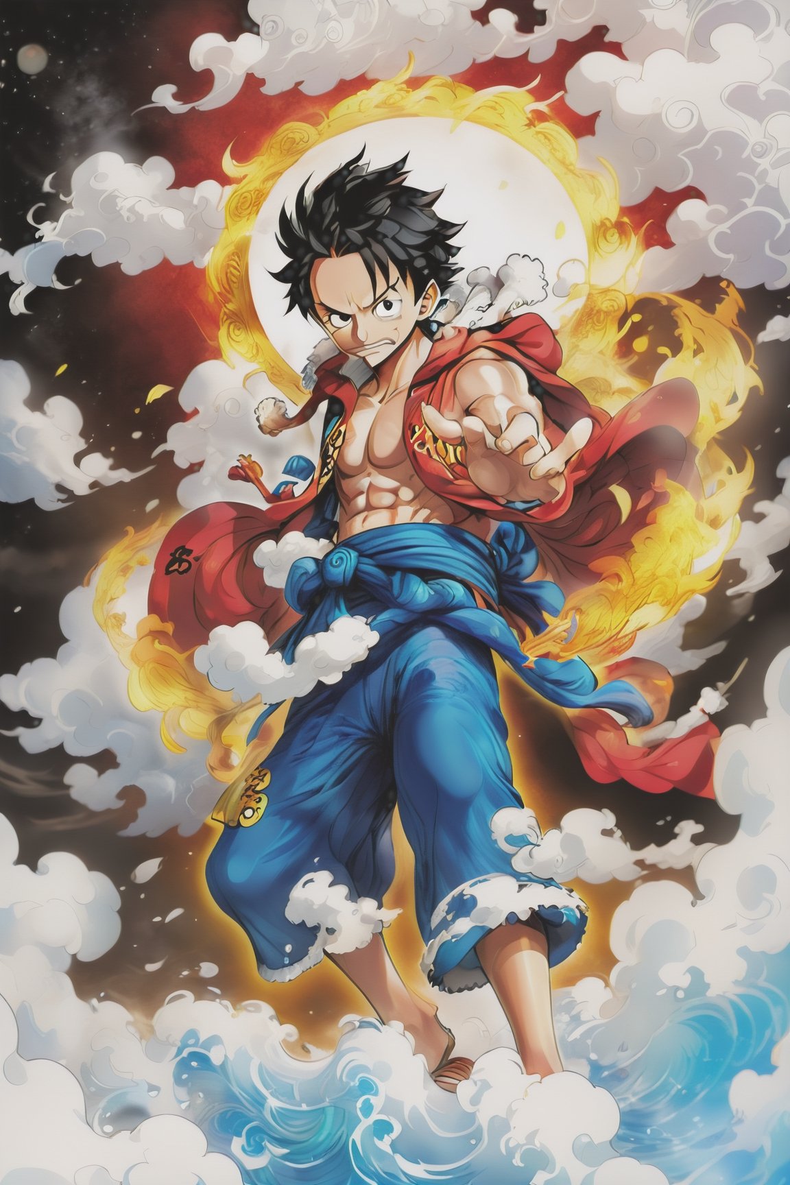 Luffy (one piece),  high resolution,  become Hashira
,mythical clouds,Beautiful Eyes