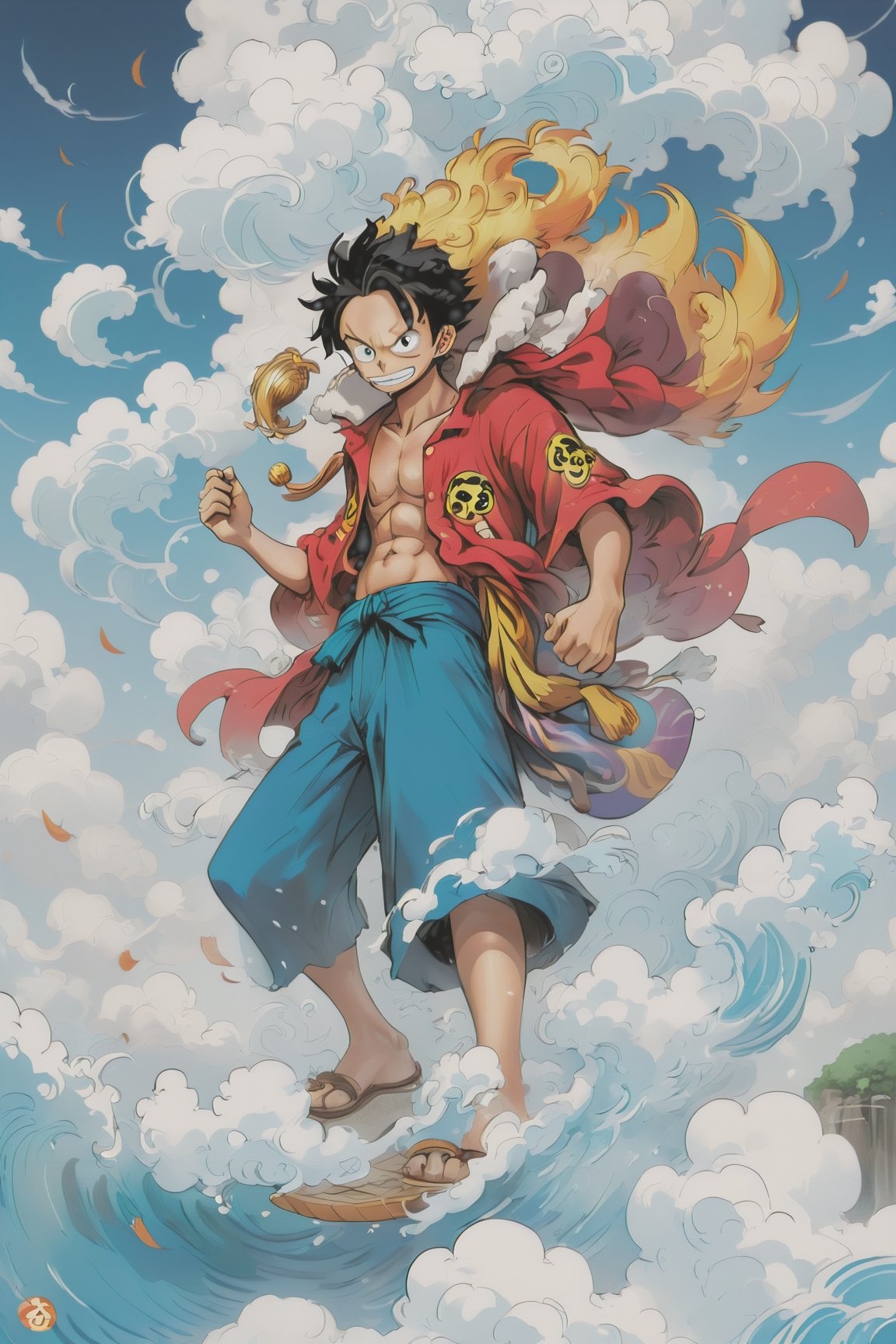 Luffy (one piece),  high resloution,  become Hashira
,mythical clouds