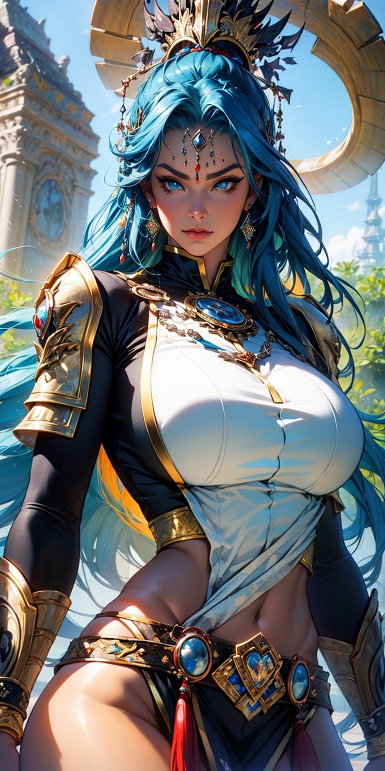 ((masterpiece, best quality))More Detail,Beautiful amazon warrior with long blue  hair