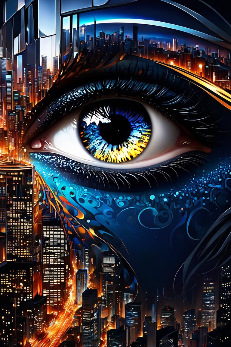 Midjourney, MJ, Midjourney style, poster, manga, anime,
stunning image of a woman's eye, fused with an abstract, vibrant city silhouette at night, with city lights sparkling on high-rise skyscrapers and bustling streets; iris dilated. The eye is surrounded by a strong white void that creates a striking contrast and adds depth and intensity to the overall picture, hyperrealistic, digital, structured, surreal, gloomy and mysterious.