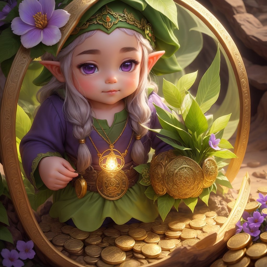 Luminism, Portrait, close-up, cute gnome counting gold coins in his cave, intricate pose, highly detailed filigree, lush green leaves, blooming exotic flowers, purple flowers.