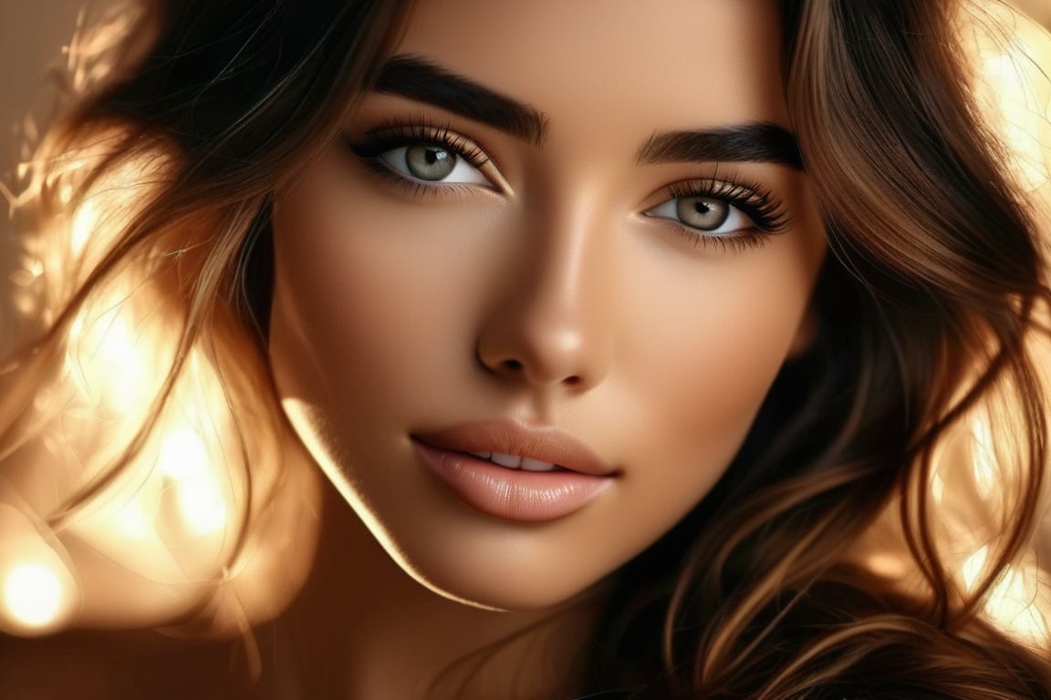 ((close-up: 1.4)). A hyper-realistic raw photo portrait, the face of a young, very beautiful woman with delicate features, captured in soft, warm lighting.