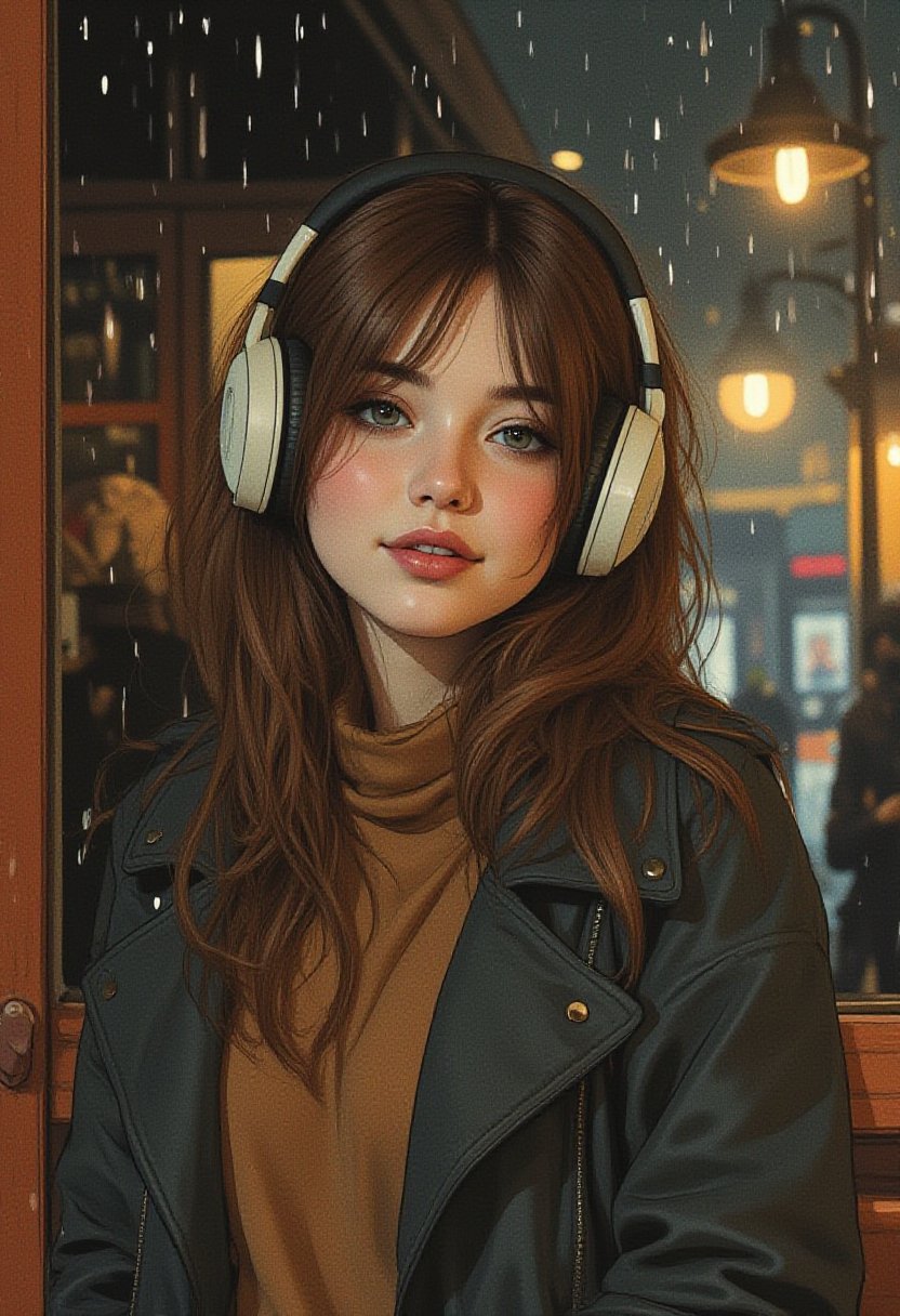 watercolor, wet on wet, paintstreaks, watercolor painting, illustration, Cinematic style
An American manga-style illustration with a retro 1990s aesthetic. The scene features a calm and serene K-pop idol with long, side-parted brown hair and oversized vintage headphones. She's leaning against the entrance of a cozy, dimly lit cafe, with soft lighting coming through, creating a peaceful atmosphere on a rainy day. The idol has a gentle smile, and her pose reflects a sorrowful mood.