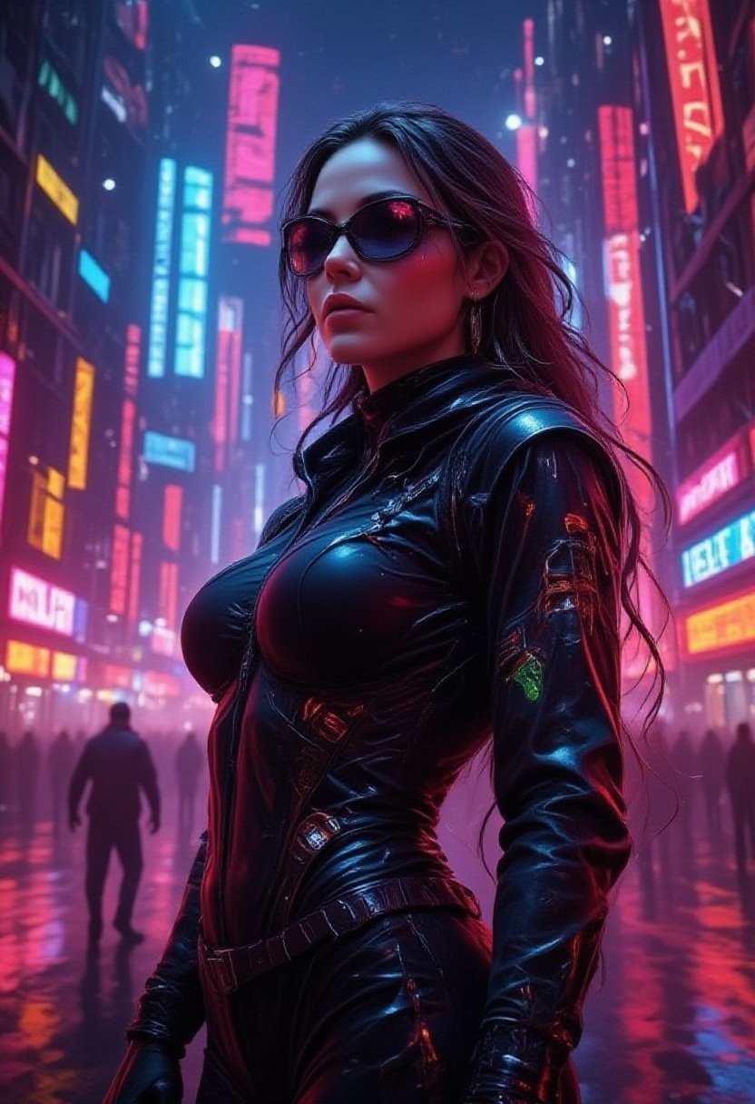 Cinematic style, Beauty, Chiaroscuro, High quality, illustration, Midjourney style
"cyberpunk city with a stylish lady character in futuristic attire and vibrant neon lighting."