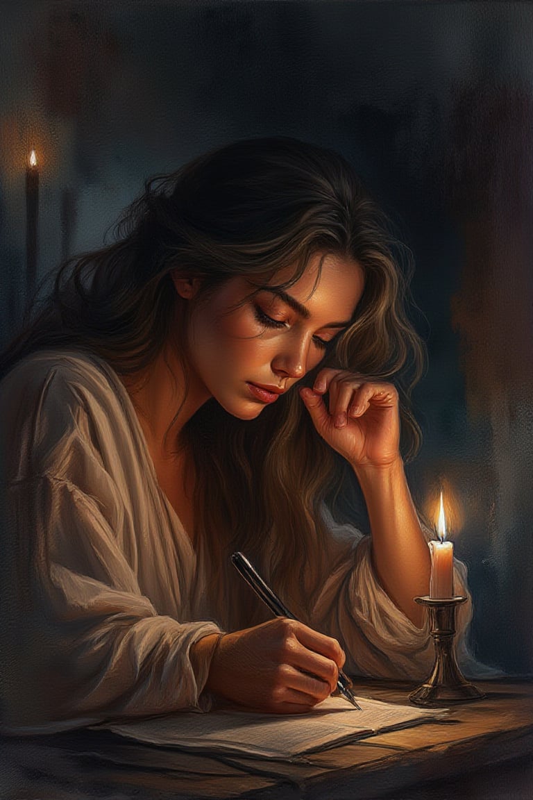 watercolor, wet on wet, paintstreaks, watercolor painting, 
a watercolor painting of an impressive close up portrait of a woman writing by candlelight and looking at candle . Dark atmosphere, Dynamic scene, deep and emotional, majestic, aesthetic, intricate angle view, subtle lighting and shadows, The brushwork and details are that of an artistic master