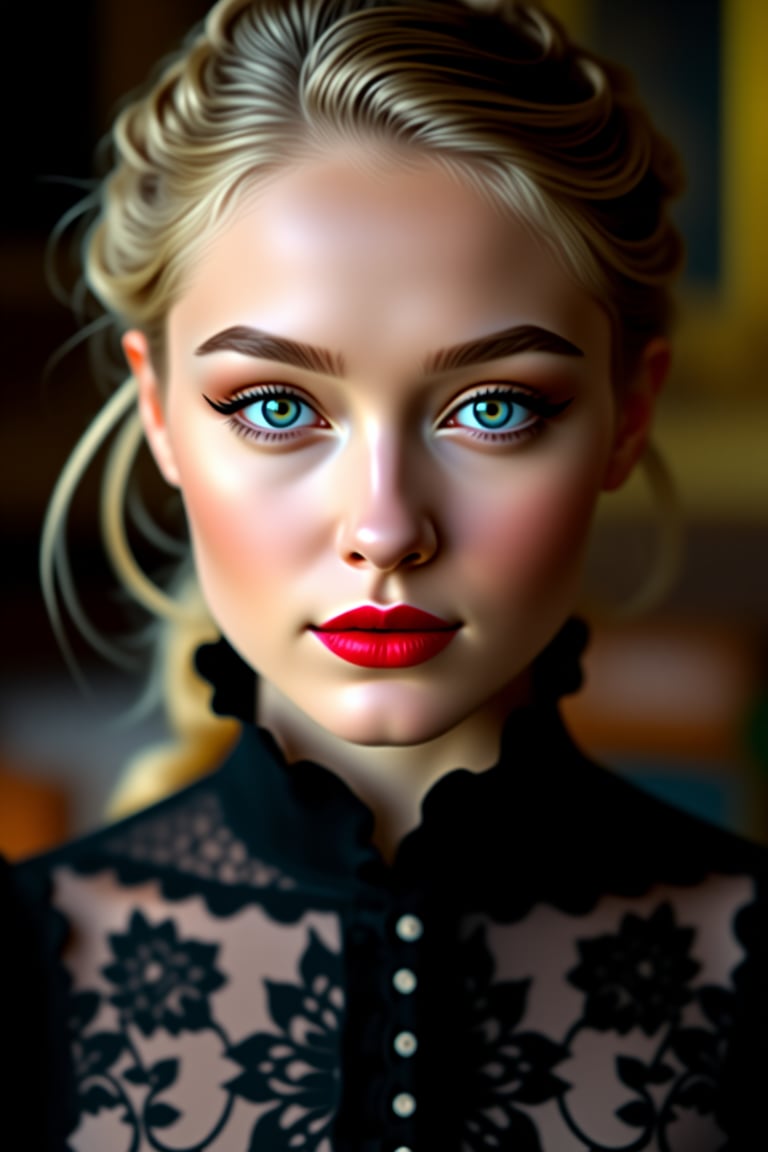 A hyper-realistic portrait of a young woman with delicate facial features,  captured in soft,  warm lighting. She has smoo...