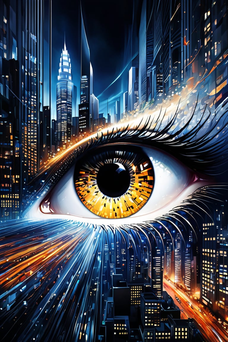 Midjourney, MJ, Midjourney style, poster, manga, anime,
stunning image of a woman's eye, fused with an abstract, vibrant city silhouette at night, with city lights sparkling on high-rise skyscrapers and bustling streets; iris dilated. The eye is surrounded by a strong white void that creates a striking contrast and adds depth and intensity to the overall picture, hyperrealistic, digital, structured, surreal, gloomy and mysterious.