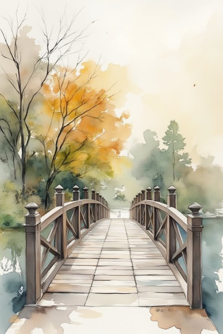 watercolor, wet on wet, paintstreaks, watercolor painting, 
A watercolor painting of a beautiful bridge.