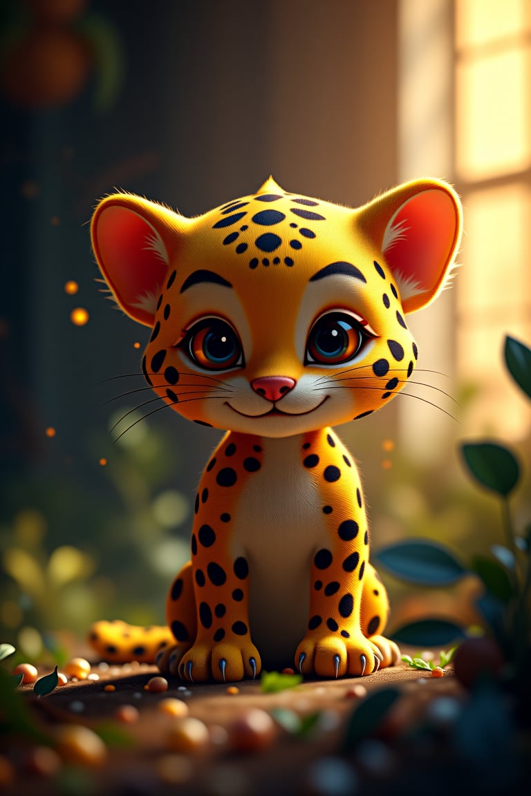 Beauty, realism, chiaroscuro, cinematography, play of shadow and light. Cute cartoon character of leapord 
