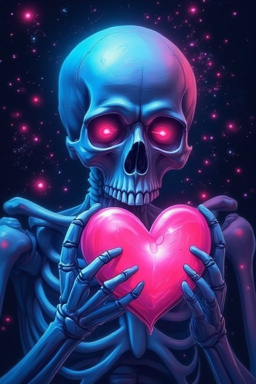 funny animals, watercolor
"Neon Skeleton Love"
A glowing blue skull holds a pulsating pink heart in its bony hands. The dark background is dotted with bright particles, creating a sense of outer space. The contrast between cold and warm shades creates a mesmerizing atmosphere between life and death.