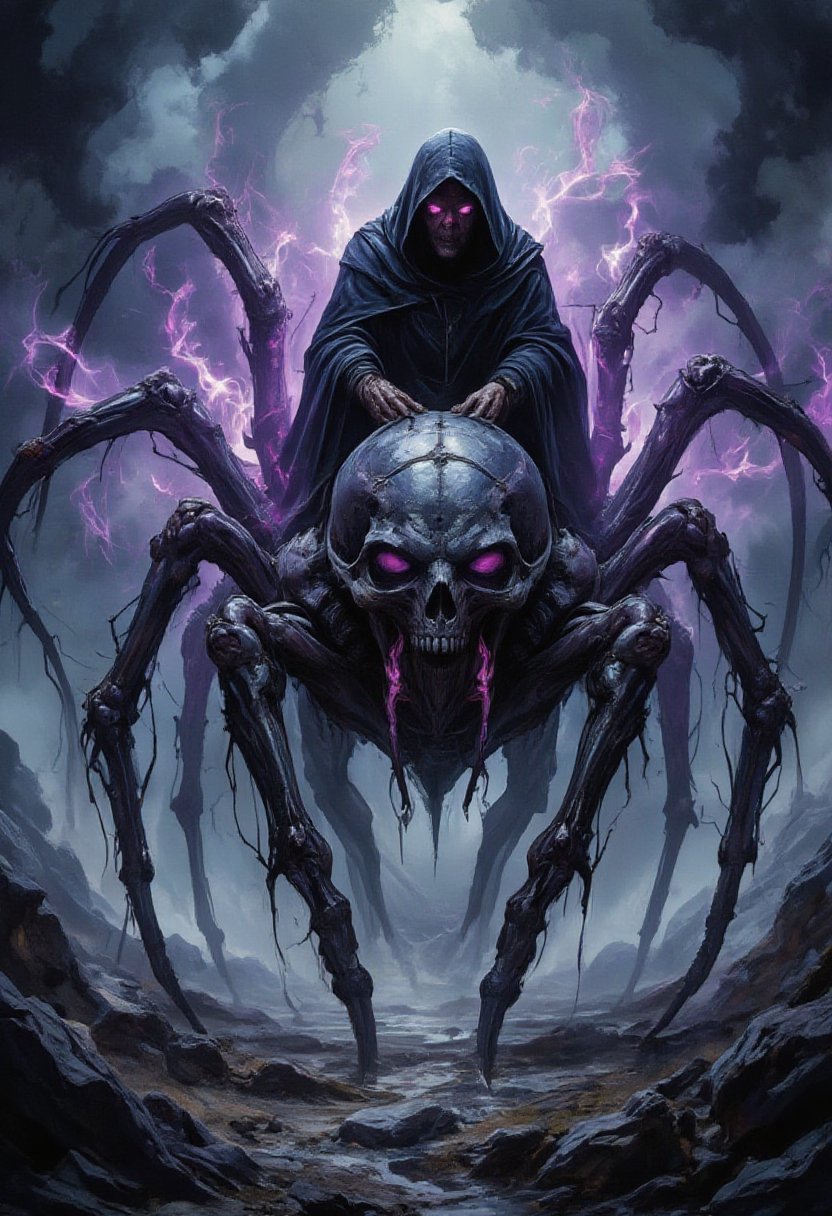 horror show, monster, nightmare, fear, illustration, realism style, cinematic style, watercolor, 
"A menacing figure in a dark hooded cloak rides atop a colossal spider-like creature with a skull-shaped face, glowing eyes, and sharp fangs. The figure's eyes burn with an eerie pink light, while dark, mystical energy surrounds them, radiating in purple flames. The spider's legs are long and spindly, tipped with glowing veins of energy, as it moves through a foggy, desolate landscape. The atmosphere is ominous, filled with thick fog and swirling clouds of dark magic, evoking a sense of dread and horror."