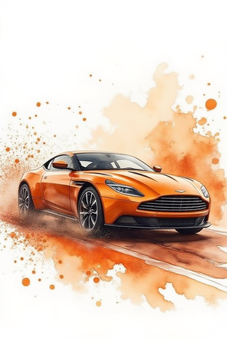 watercolor, wet on wet, paintstreaks, watercolor painting, 
A watercolor painting of an Aston Martin DB11 on dynamic action. There are splashes of orange paint scattered throughout the painting. The overall mood of the scene is lively and vibrant.