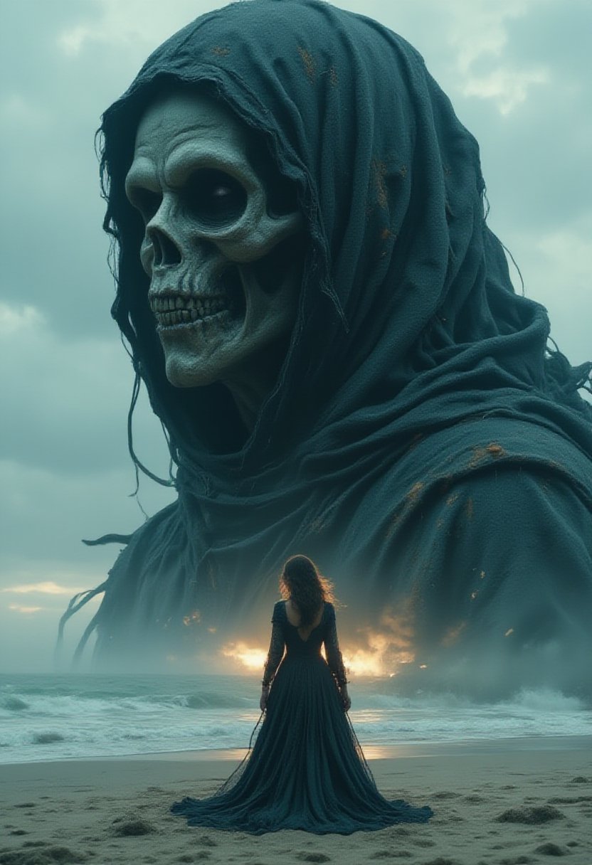 Cinematic style, Beauty, Chiaroscuro, High quality, illustration, 
(double exposure of black grim reaper and beautiful woman), [close-up of black grim reaper's face in the distance above: beautiful woman standing on the beach, wearing a beautiful dress : 0.25],