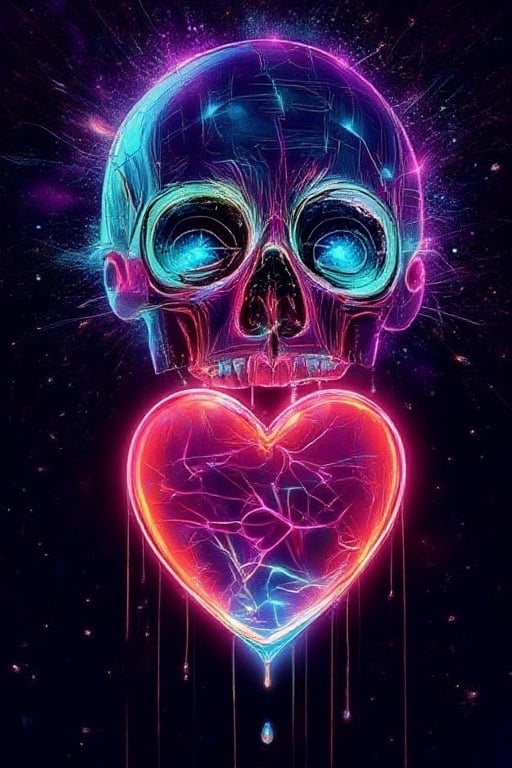 funny animals, watercolor, horror face
"Digital Romance of the Otherworld"
A holographic skull embraces a melting neon heart against the backdrop of virtual reality. Drops of digital energy flow from the heart, symbolizing the ephemerality of feelings. Shining particles around enhance the feeling of immersion in cybernetic space.