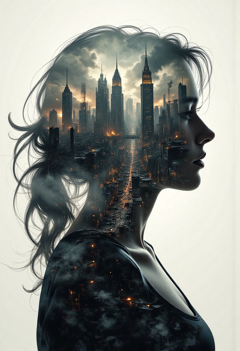 Illustration, horror show, mythp0rt, aidmaMJ6.1, Abstract Lighting Effects, 
A powerful double exposure illustration featuring the outline of a woman. Through her silhouette, a sprawling, smoky, post-apocalyptic cityscape emerges, blending seamlessly into her form. The city is detailed with crumbling buildings, smoky skies, and a haze that creates a sense of mystery and depth. The woman's outline is softly defined, and her posture suggests contemplation and resilience, as if she embodies the spirit of the city within. The image has a cinematic feel, with high contrast and dramatic lighting that highlights the textures and shadows of both the woman and the cityscape within her. Moody and evocative, capturing themes of strength and survival.  