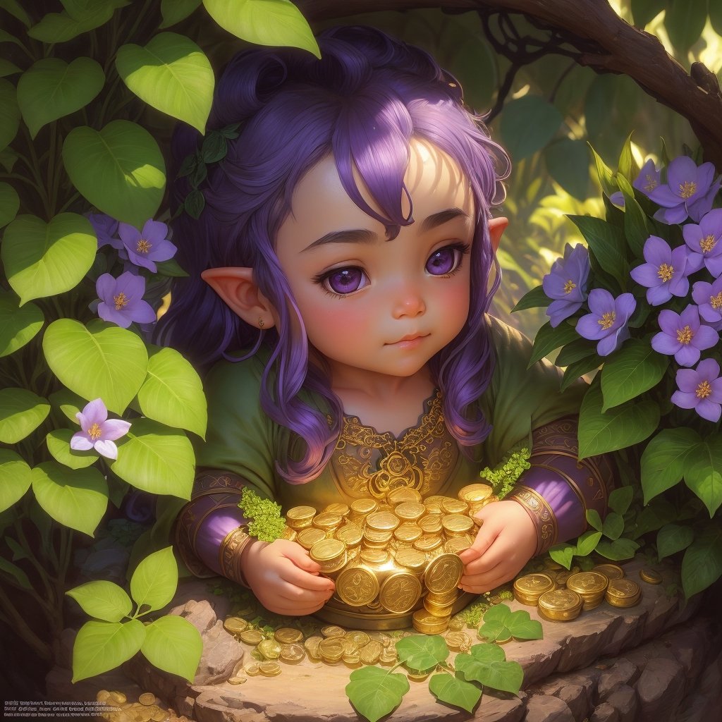 Luminism, Portrait, close-up, cute gnome counting gold coins in his cave, intricate pose, highly detailed filigree, lush green leaves, blooming exotic flowers, purple flowers, by Frank Frazetta