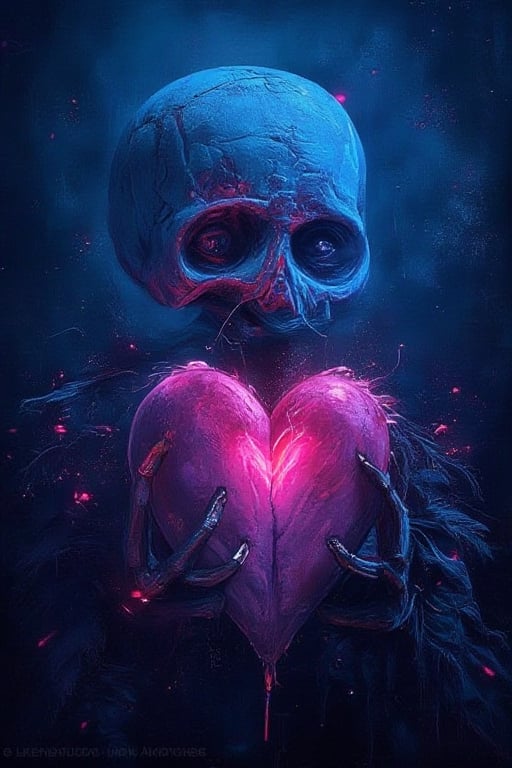 funny animals, watercolor, horror face
"Neon Skeleton Love"
A glowing blue skull holds a pulsating pink heart in its bony hands. The dark background is dotted with bright particles, creating a sense of outer space. The contrast between cold and warm shades creates a mesmerizing atmosphere between life and death.