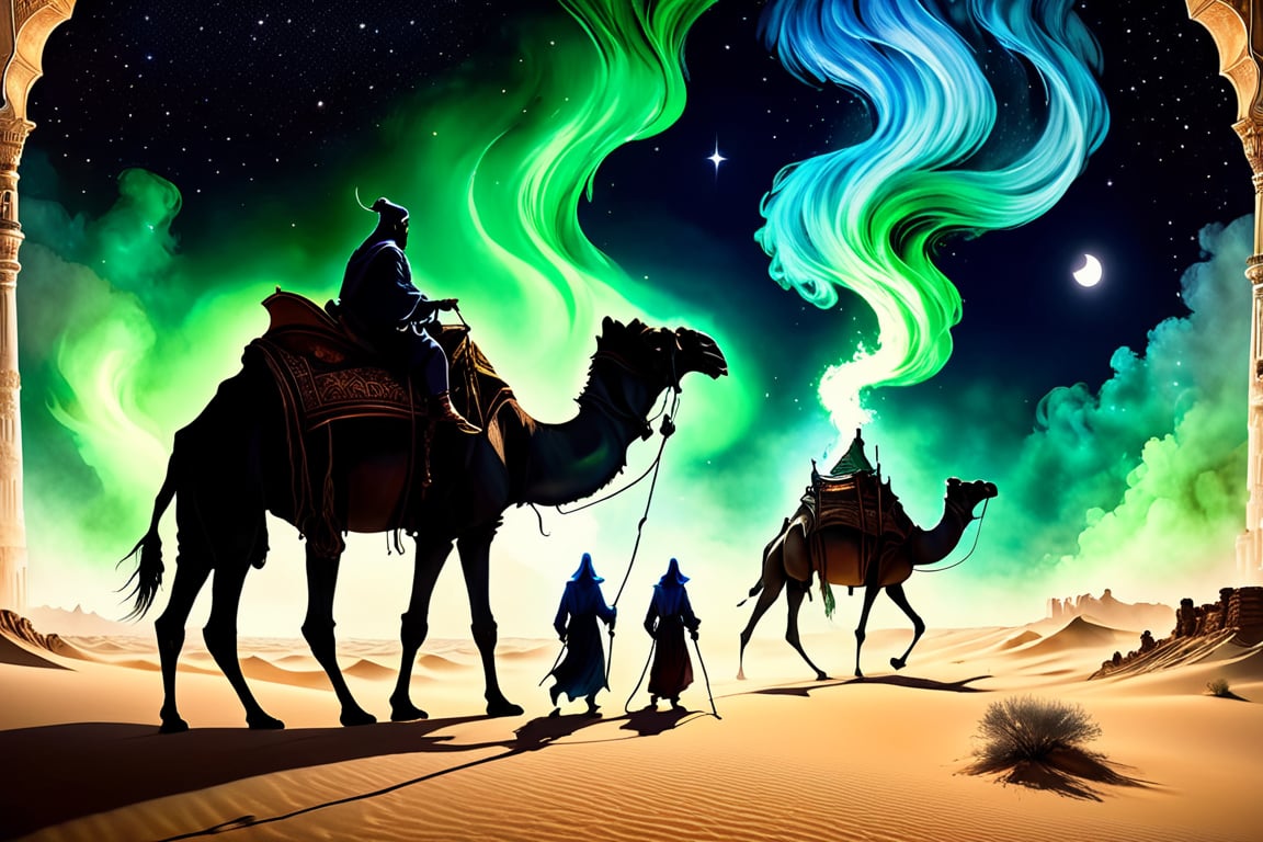 Midjourney, MJ, Midjourney style, a group of camel travelers in traditional Arabian robes survey a vast desert at night as a (((creepy genie: 1.5))) desert erupts from a sandstorm, Aladdin's lamp, green light pulsates in the sky, ethereal, spectral, gorgeous yet terrifying, the scene is captured in dimly lit dark fantasy yet vibrant colors, with thick ink lines defining the form against a watercolor wash of old paper, Art by Giovanni Boldini, Andrey Atroshenko, Tanya Shatseva, Ross Tran, Anna Razumovskaya, poster, manga, anime